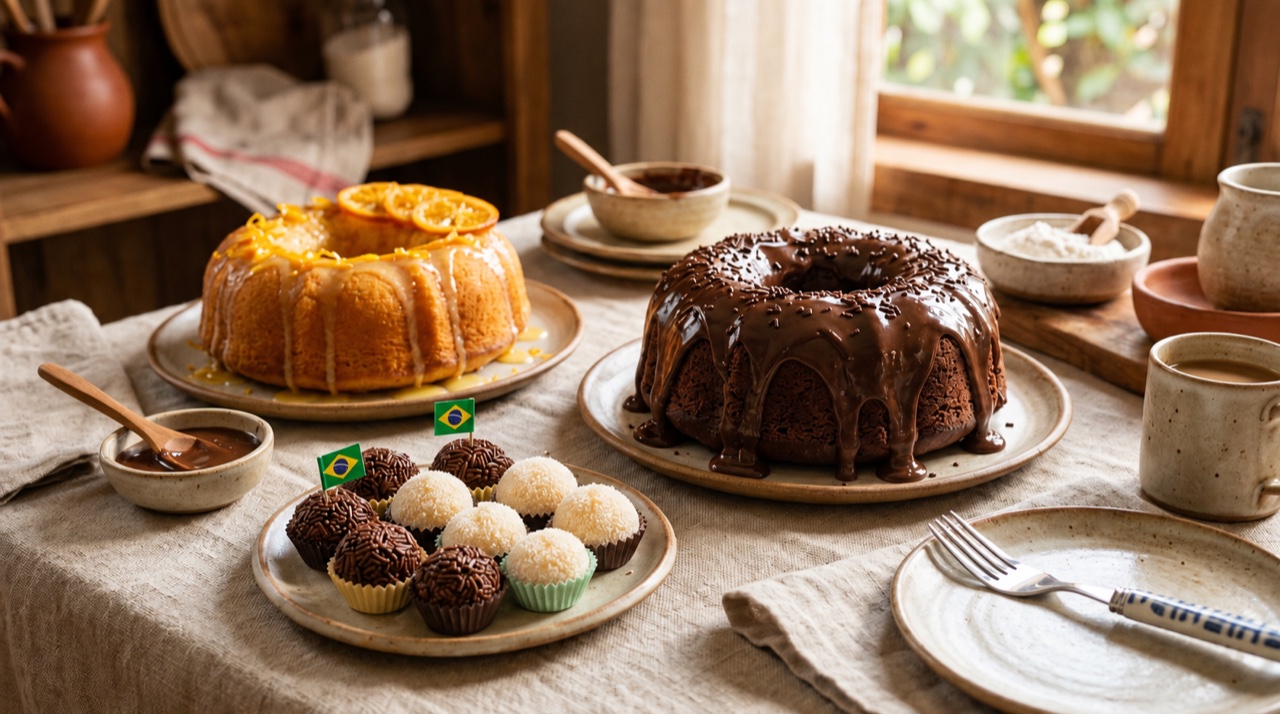 Mesa de café com bolo de chocolate vulcão, bolo de laranja e brigadeiros